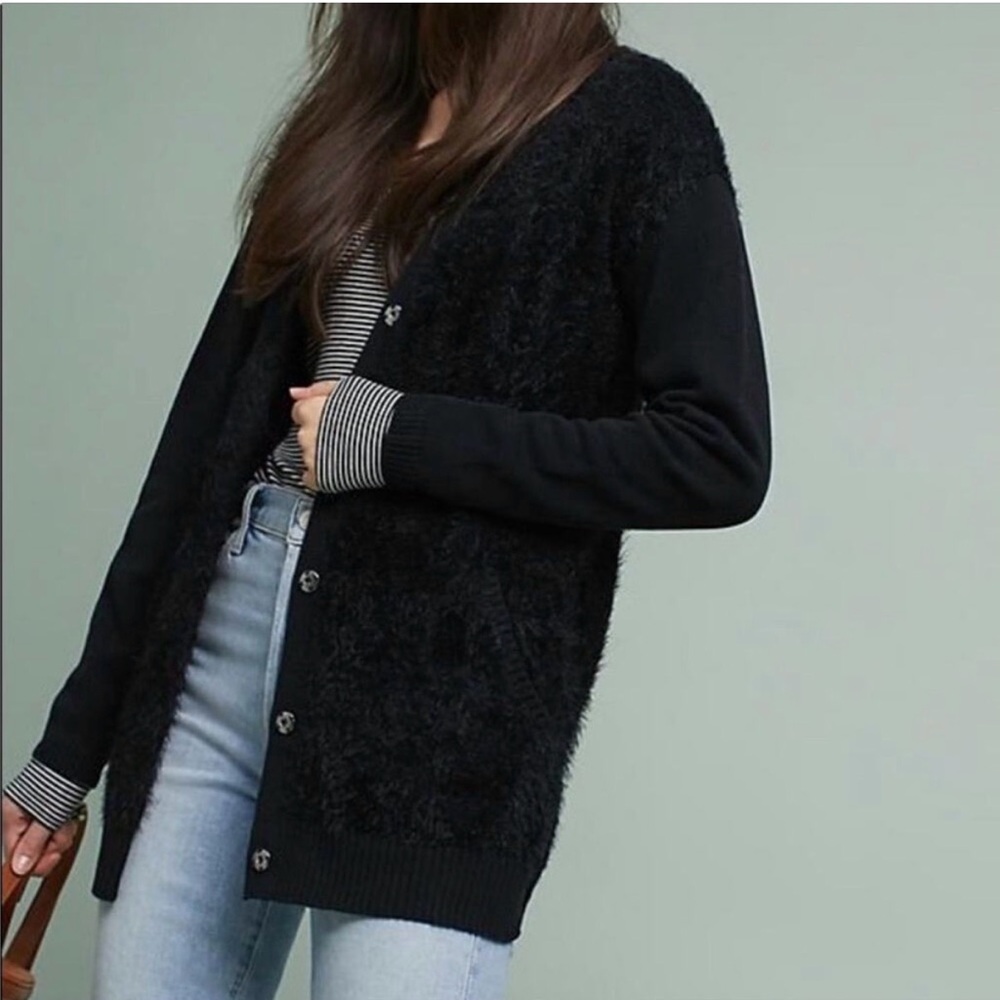 Michael Stars Women’s Eyelash Black V-Neck Split Hem Fuzzy Cardigan